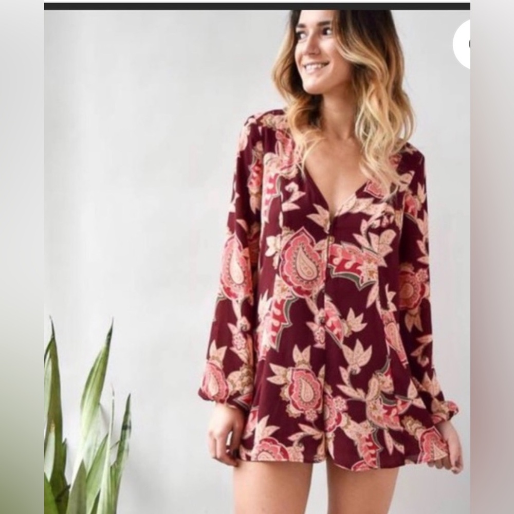 Show Me Your Mumu V-Neck Tie Back Paisley Romper Vino Vine Long Sleeve | Small - Picture 2 of 9